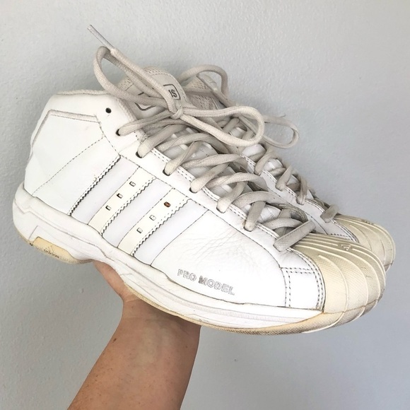 Vintage Adidas 2001 Pro Model Hi Top Sneakers Shoes White Leather Size 9